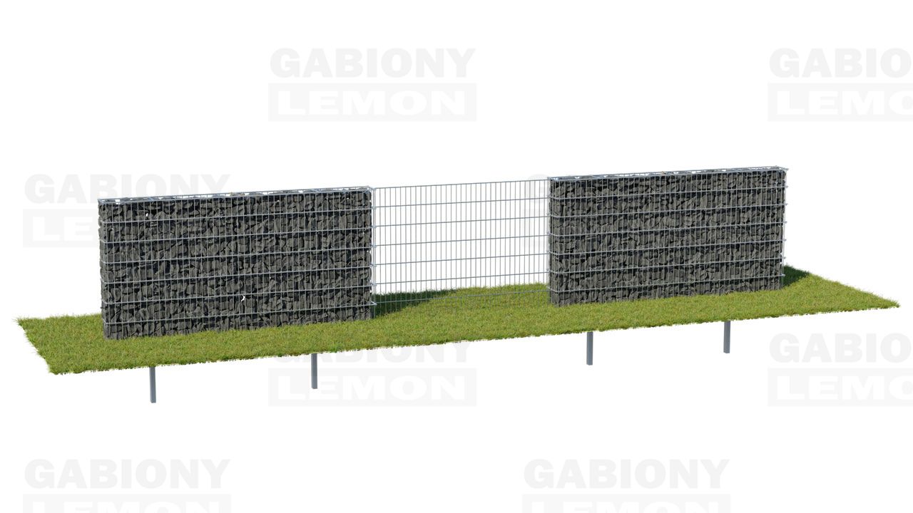priehľadný plot z 2D panelov s nepriehľadným gabionovým plotom