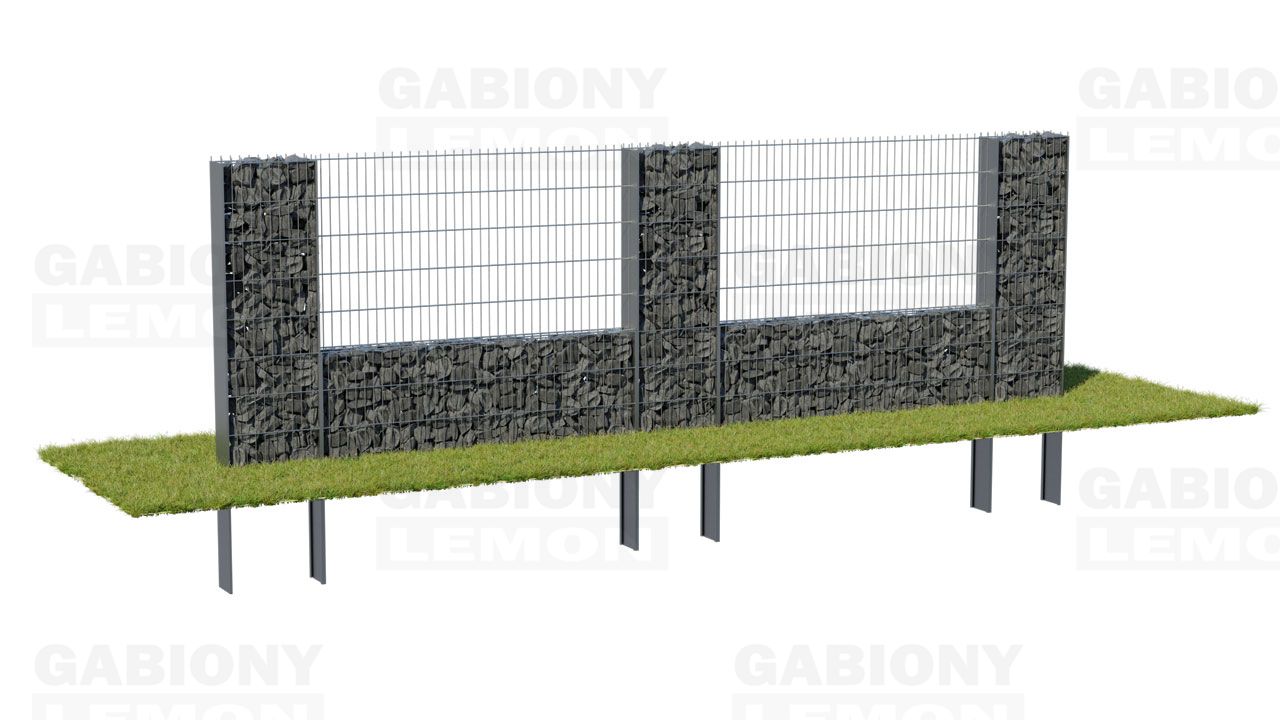 gabionový stĺpik s nízkym múrikom a výplň plotový panel 2D PRAKTIK